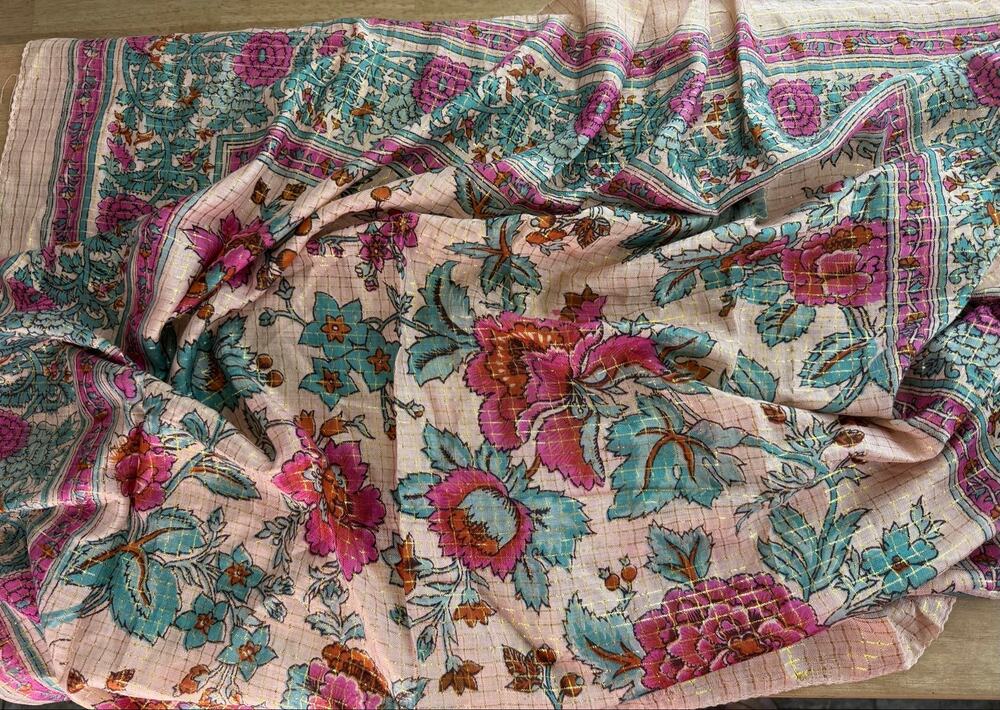 Vintage Indian Kota Doria Cotton Silk Scarf 40x40 Block Print Floral Boho Craft